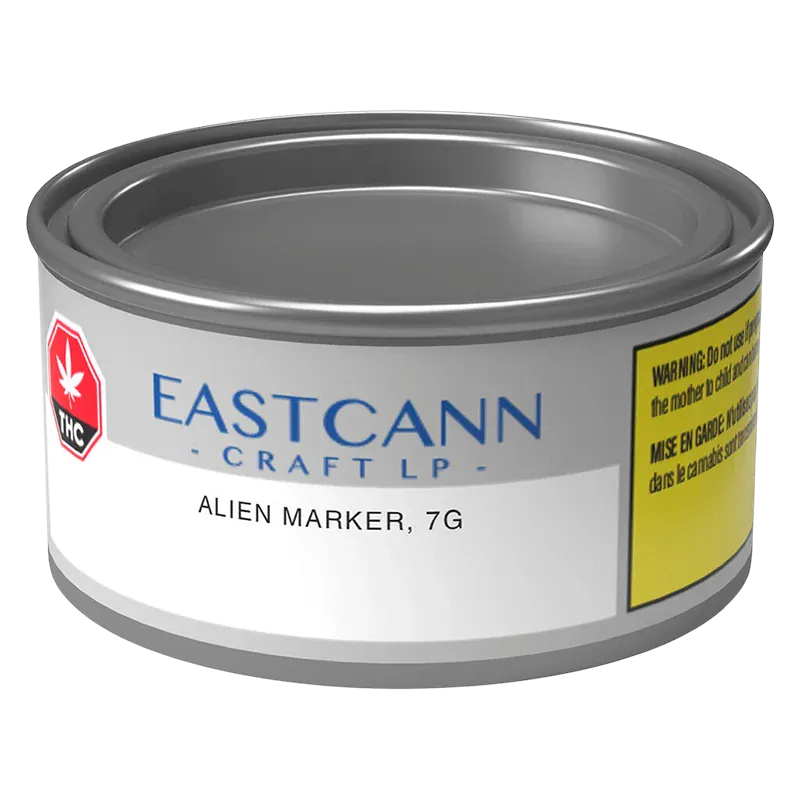 Angled front view of a silver tin labeled "Scented Marker" showing its white wraparound label and yellow warning panel.