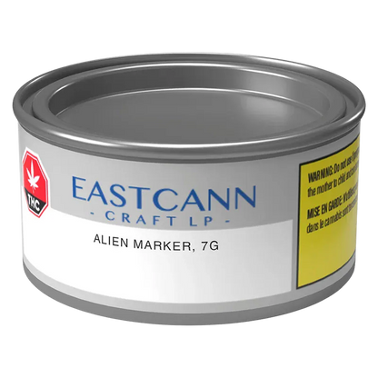 Angled front view of a silver tin labeled "Scented Marker" showing its white wraparound label and yellow warning panel.