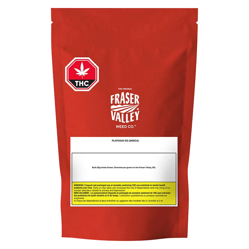Front-facing red pouch labeled "Platinum OG" from Fraser Valley Weed Co., shot against a white background showing the THC symbol and white warning panel.