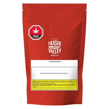 Front-facing red pouch labeled "Platinum OG" from Fraser Valley Weed Co., shot against a white background showing the THC symbol and white warning panel.