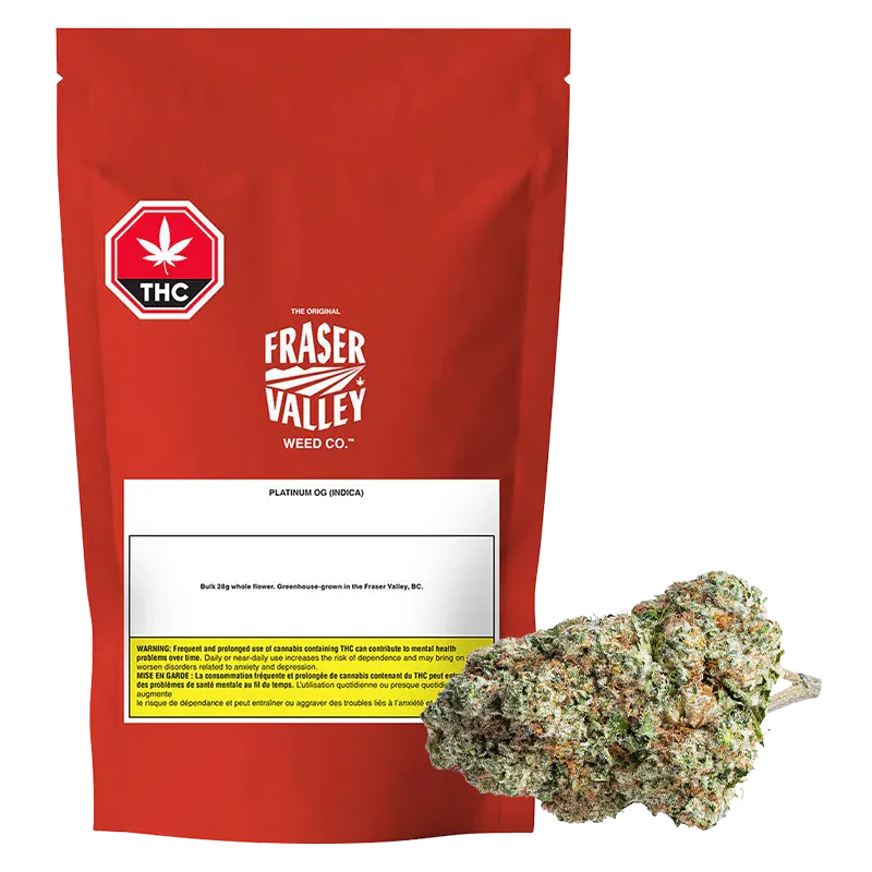 Front view of a red Fraser Valley Platinum OG 28 g pouch standing upright with a bud of cannabis placed at its base.