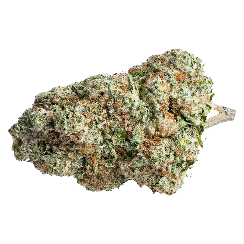 Close-up, slightly angled view of a frosty green and orange nugget labeled Platinum OG, showing dense trichomes and a short stem.