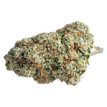 Close-up, slightly angled view of a frosty green and orange nugget labeled Platinum OG, showing dense trichomes and a short stem.