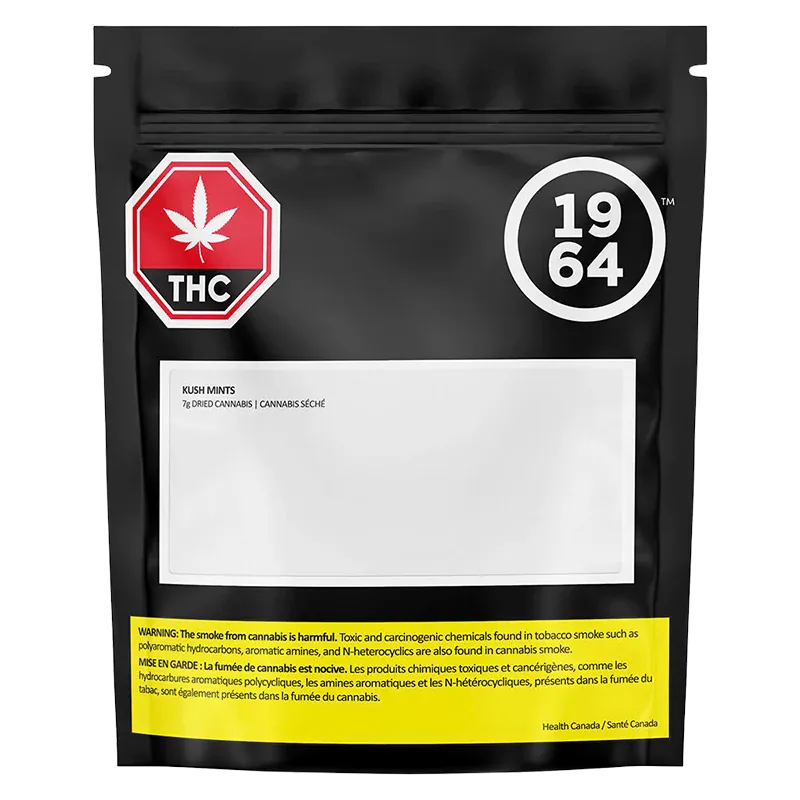 Front-facing shot of a black resealable pouch labeled "Kush Mints" with a red THC stop-sign icon and a white 1964 logo above a blank white label.