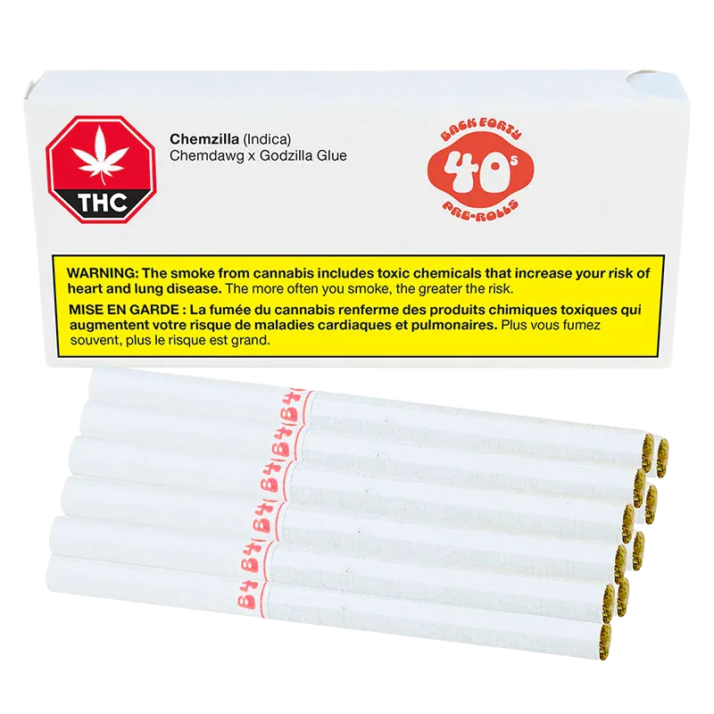 Front-facing shot of a pack and row of pre-rolls labeled Chemzilla PR 10 x 0.35 g with a white box, yellow warning panel, and visible tobacco-colored tips.