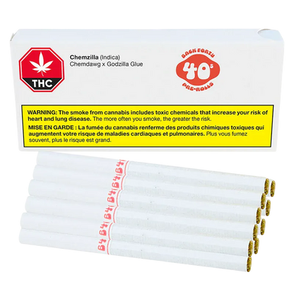 Front-facing shot of a pack and row of pre-rolls labeled Chemzilla PR 10 x 0.35 g with a white box, yellow warning panel, and visible tobacco-colored tips.