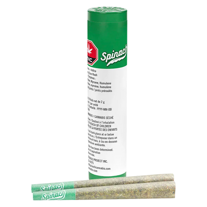 Tall front view of the green-and-white GMO Cookies PR 2 x 1 g tube standing behind two branded pre-rolls labeled "Spinach" on their green tips.