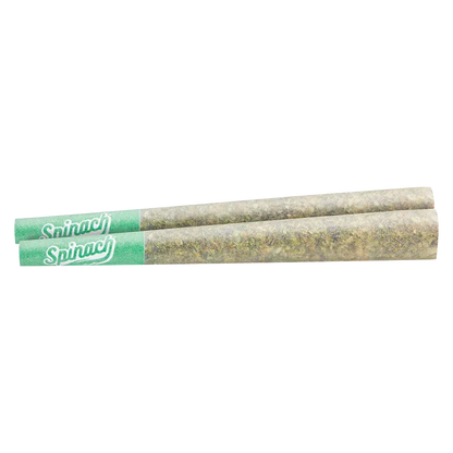 Top-down close view of two rolled joints with green tips labeled "Spinach" representing the GMO Cookies PR 2 x 1 g.