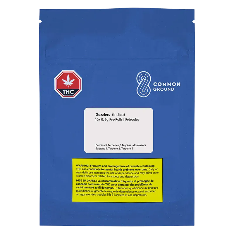 Front-facing shot of the blue pouch labeled Guzzlers PR 10 x 0.5 g with white Common Ground logo, THC symbol, and warning box.