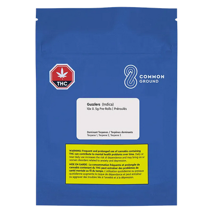 Front-facing shot of the blue pouch labeled Guzzlers PR 10 x 0.5 g with white Common Ground logo, THC symbol, and warning box.