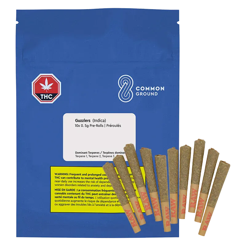 Front view of a blue pouch labeled Guzzlers PR 10 x 0.5 g with a white info panel and a fanned row of pre-rolls at the bottom.