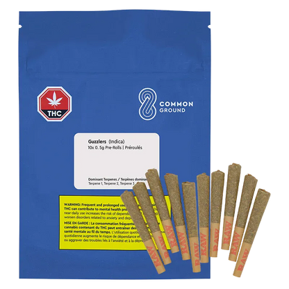 Front view of a blue pouch labeled Guzzlers PR 10 x 0.5 g with a white info panel and a fanned row of pre-rolls at the bottom.