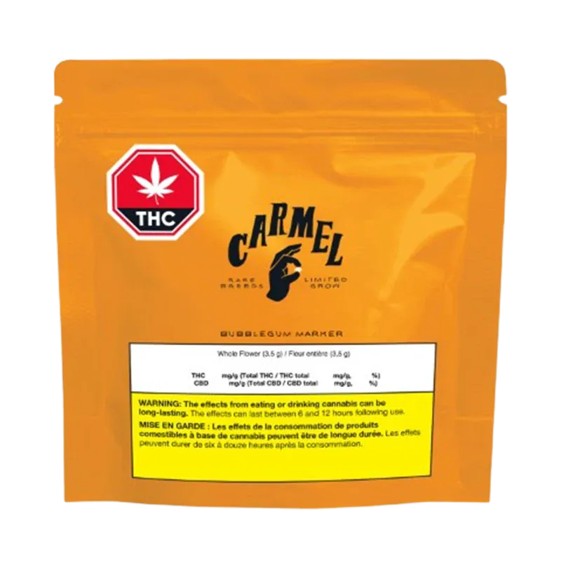 Front view of the orange Carmel Bubblegum Marker pouch with a red THC icon and a yellow warning box near the bottom