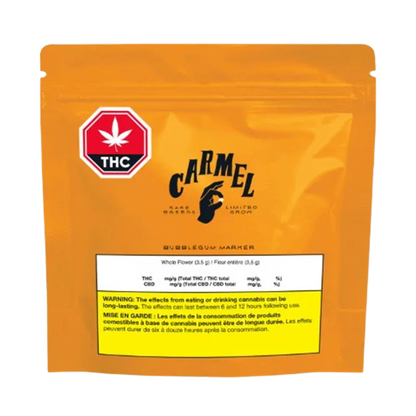 Front view of the orange Carmel Bubblegum Marker pouch with a red THC icon and a yellow warning box near the bottom