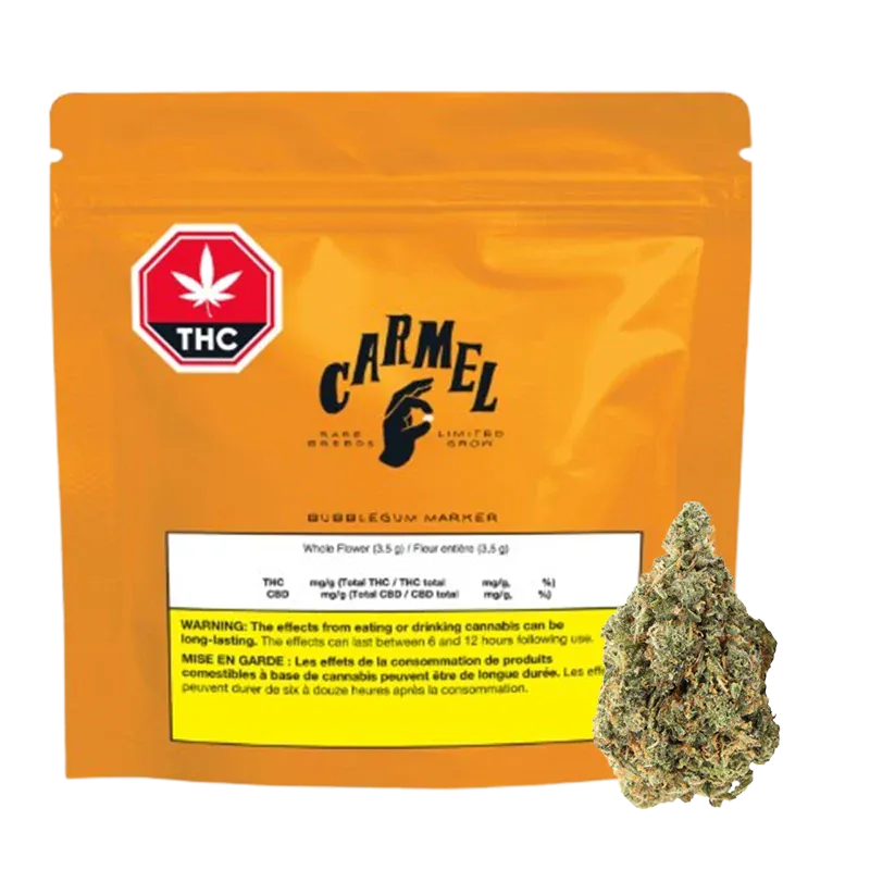 Front-facing orange pouch with a THC warning badge and a nug in front, labeled Carmel Bubblegum Marker.