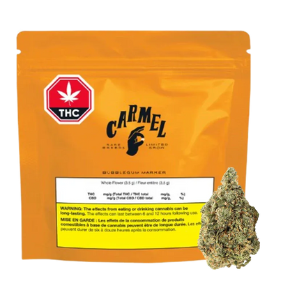 Front-facing orange pouch with a THC warning badge and a nug in front, labeled Carmel Bubblegum Marker.