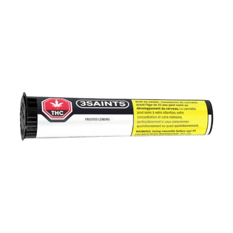 Horizontal close-up of the Frosted Lemons PR 1 x 0.5 g tube showing the 3SAINTS logo, THC octagon symbol, and yellow warning panel.