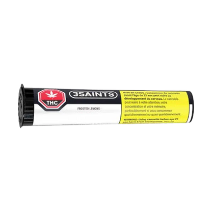 Horizontal close-up of the Frosted Lemons PR 1 x 0.5 g tube showing the 3SAINTS logo, THC octagon symbol, and yellow warning panel.