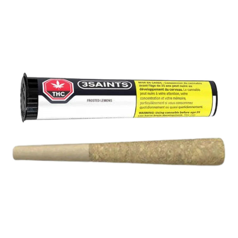 Horizontal product shot of a rolled joint below its black tube packaging labeled "3SAINTS Frosted Lemons PR 1 x 0.5 g."