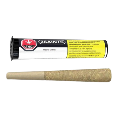 Horizontal product shot of a rolled joint below its black tube packaging labeled "3SAINTS Frosted Lemons PR 1 x 0.5 g."