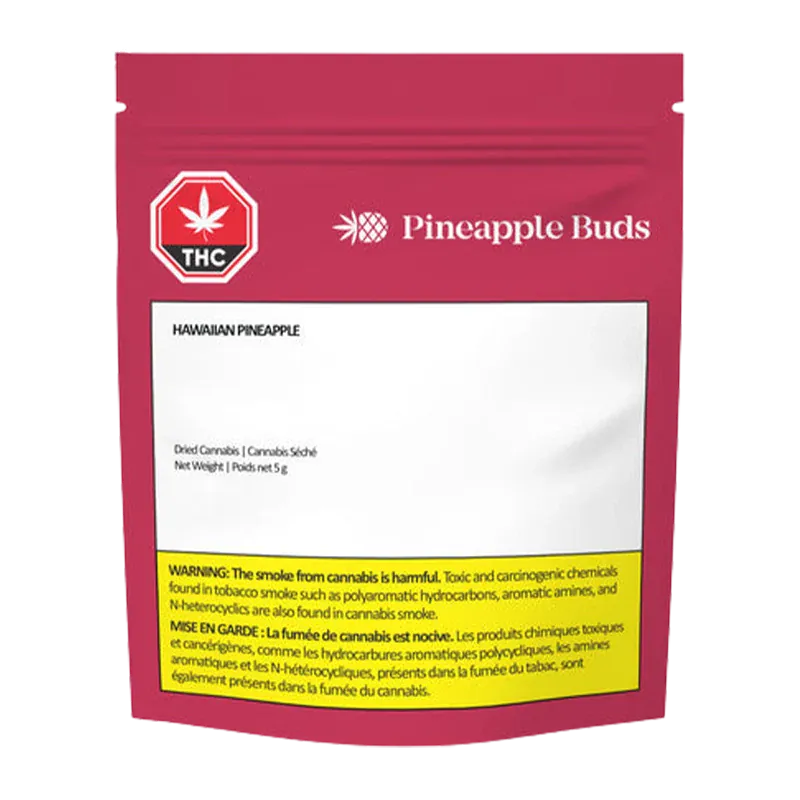 Front-facing shot of a red pouch labeled "Hawaiian Pineapple PR 10 x 0.5 g" with a white information panel and yellow warning box.