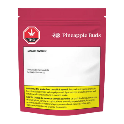 Front-facing shot of a red pouch labeled "Hawaiian Pineapple PR 10 x 0.5 g" with a white information panel and yellow warning box.