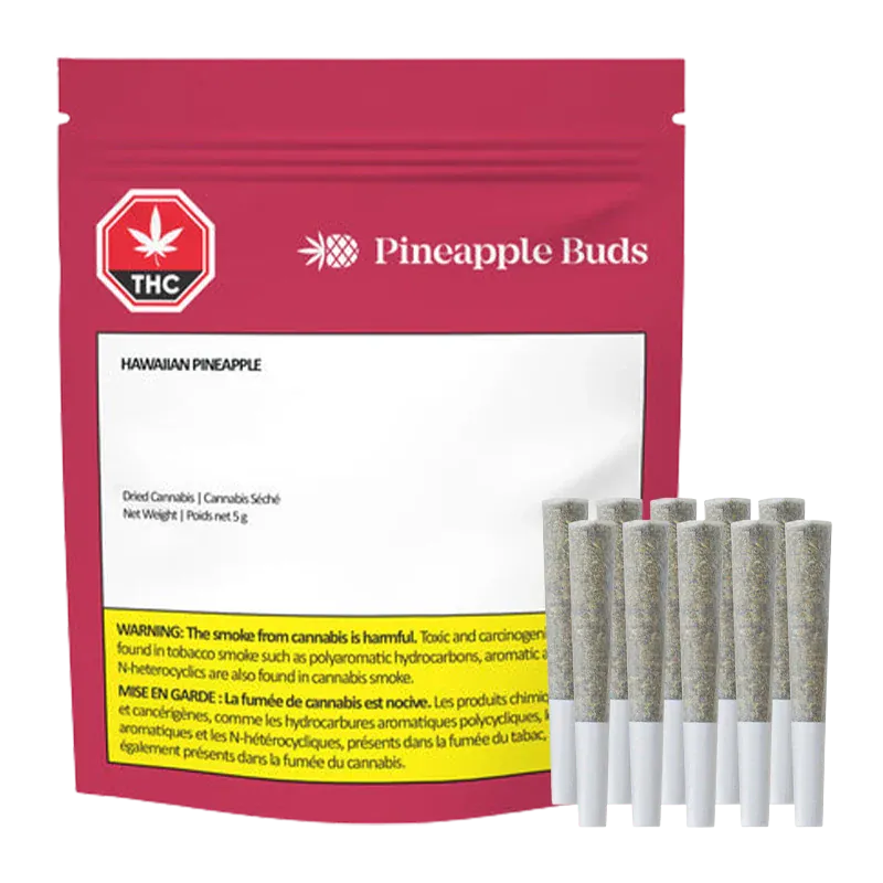 Front-facing red and white pouch labeled "Hawaiian Pineapple PR 10 x 0.5 g Pineapple Buds" with a row of pre-rolled joints standing upright at the lower right.