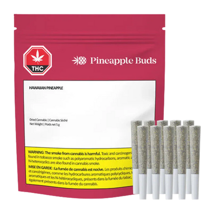 Front-facing red and white pouch labeled "Hawaiian Pineapple PR 10 x 0.5 g Pineapple Buds" with a row of pre-rolled joints standing upright at the lower right.