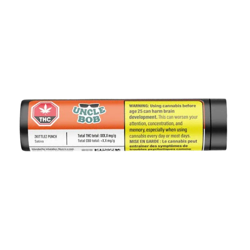 Horizontal close-up of the Uncle Bob Zkittlez Punch PR 10 x 0.5 g tube label showing orange branding, THC symbol, and a yellow warning box.