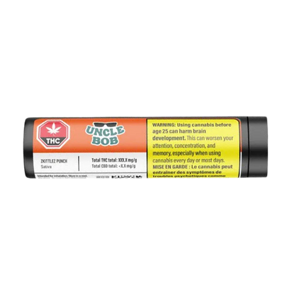 Horizontal close-up of the Uncle Bob Zkittlez Punch PR 10 x 0.5 g tube label showing orange branding, THC symbol, and a yellow warning box.