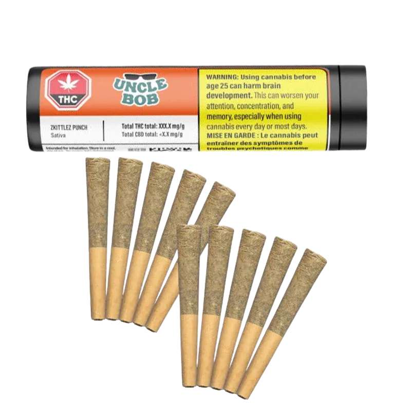 Angled overhead view of a row of pre-rolled joints fanned below a black-and-orange tube labeled "Zkittlez Punch PR 10 x 0.5 g" against a white background