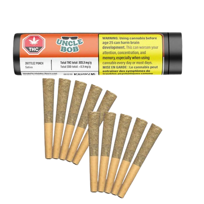 Angled overhead view of a row of pre-rolled joints fanned below a black-and-orange tube labeled "Zkittlez Punch PR 10 x 0.5 g" against a white background