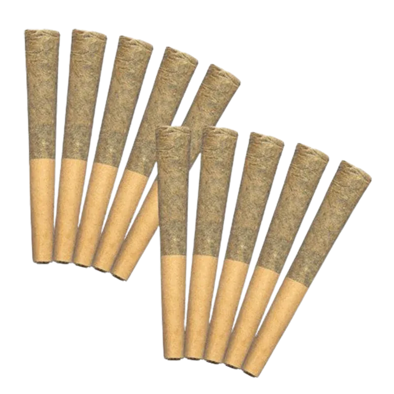 Overhead view of ten pre-rolled joints arranged in two fanned rows, labeled Zkittlez Punch PR 10 x 0.5 g.