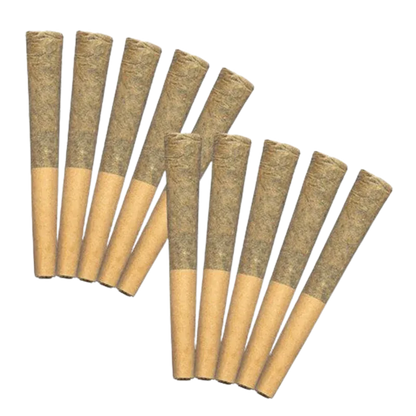 Overhead view of ten pre-rolled joints arranged in two fanned rows, labeled Zkittlez Punch PR 10 x 0.5 g.