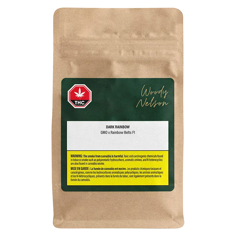 Front-facing kraft pouch with a dark green label reading Woody Nelson Dark Rainbow and strain details, shown on a white background.