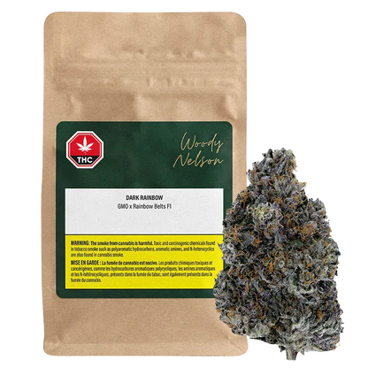 Front view of a brown pouch labeled Woody Nelson Dark Rainbow beside a single frosty purple-green bud on a white background.