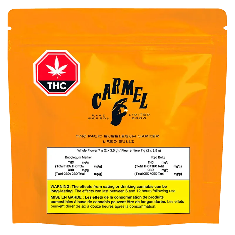 Front-facing orange pouch labeled "Bubblegum Marker & Red Bullz" with a centered Carmel logo, THC badge at top left, and a white nutrition panel and yellow warning box near the bottom.