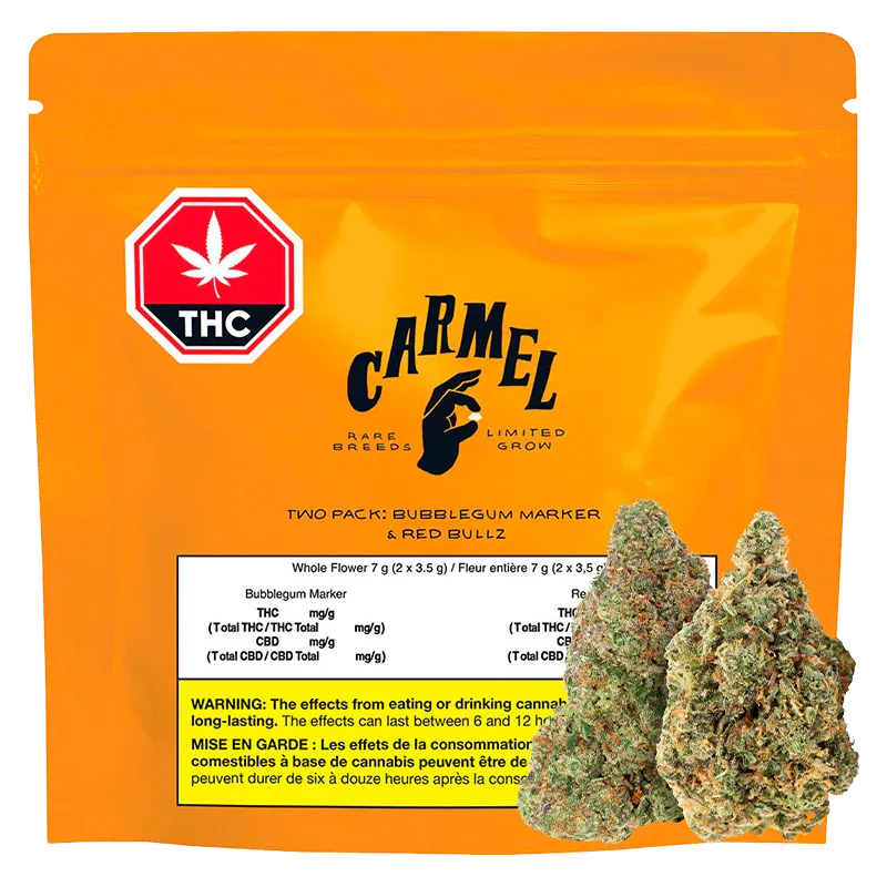 Front-facing shot of the bright orange Carmel Bubblegum Marker & Red Bullz pouch with a THC symbol and two cannabis buds positioned at the lower right.