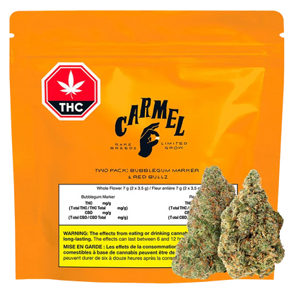 Front-facing shot of the bright orange Carmel Bubblegum Marker & Red Bullz pouch with a THC symbol and two cannabis buds positioned at the lower right.