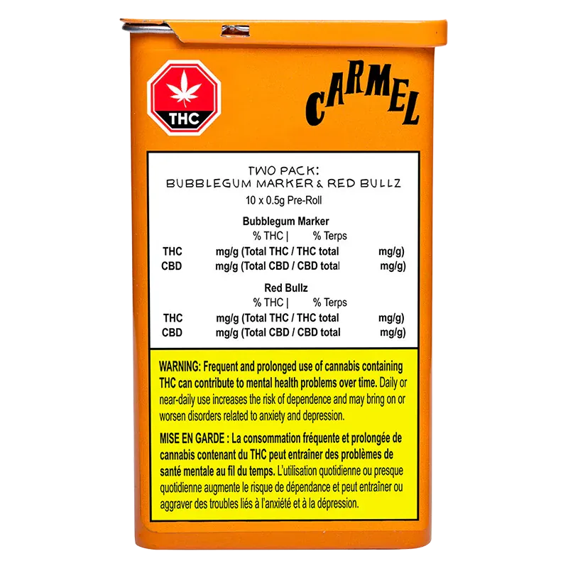 Front-facing shot of the orange Carmel tin labeled Bubblegum Marker & Red Bullz PR 10 x 0.5 g with a white product panel and yellow warning box.