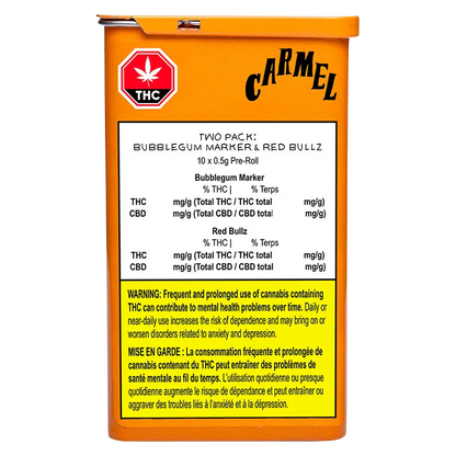 Front-facing shot of the orange Carmel tin labeled Bubblegum Marker & Red Bullz PR 10 x 0.5 g with a white product panel and yellow warning box.