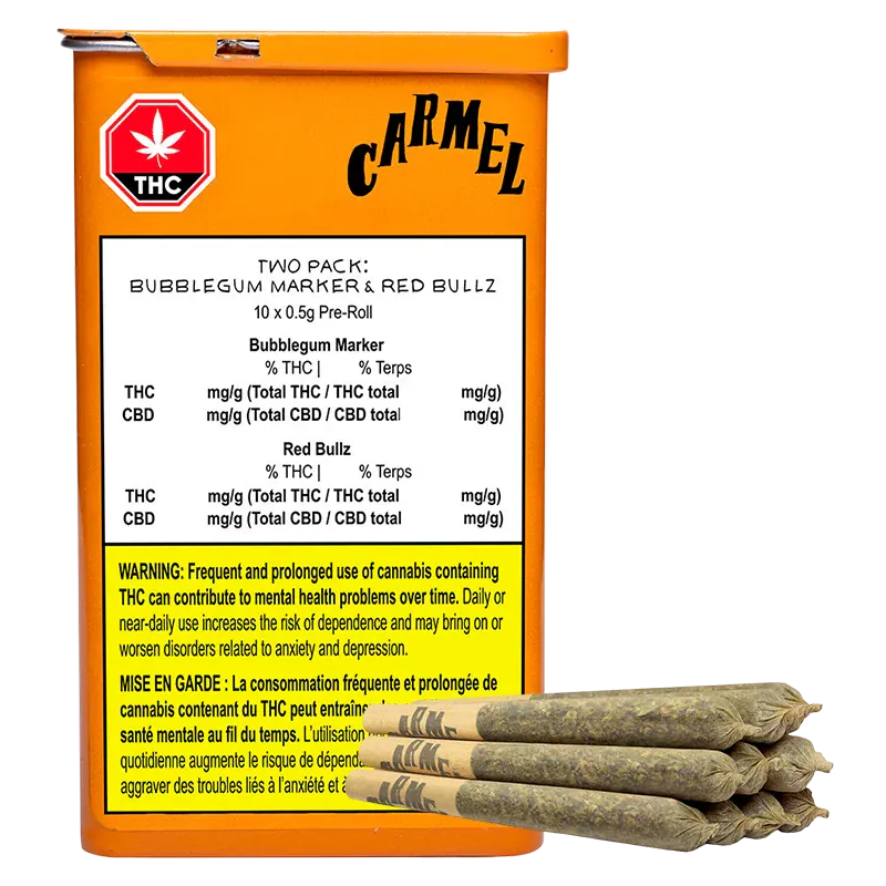 Front view of an orange Carmel tin labeled "Bubblegum Marker & Red Bullz PR 10 x 0.5 g" with a warning panel and four pre-rolled joints stacked at the base.