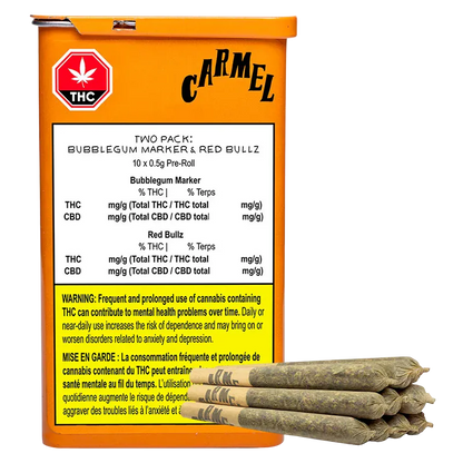 Front view of an orange Carmel tin labeled "Bubblegum Marker & Red Bullz PR 10 x 0.5 g" with a warning panel and four pre-rolled joints stacked at the base.