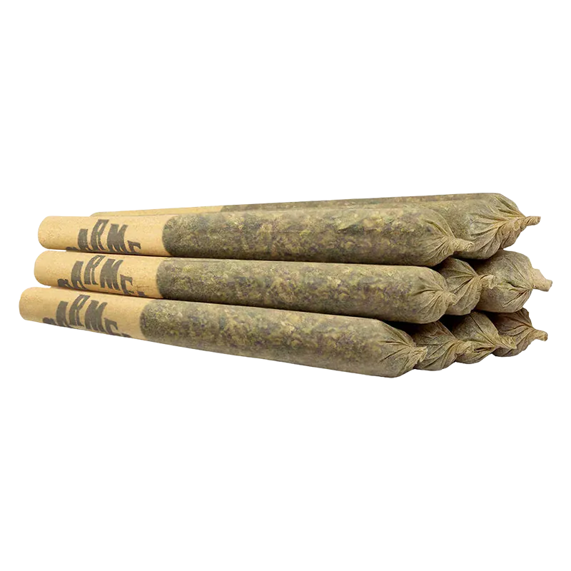Angled close-up of six rolled joints stacked in two rows showing brown paper tips and leafy green contents, labeled Bubblegum Marker & Red Bullz PR 10 x 0.5 g