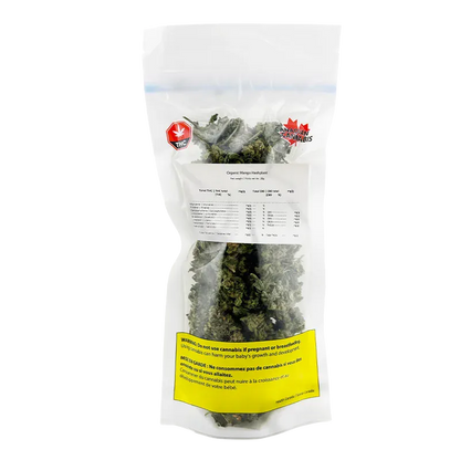 Clear front-facing photo of a sealed pouch labeled Organic Mango Hashplant showing dense green buds and warning labels.