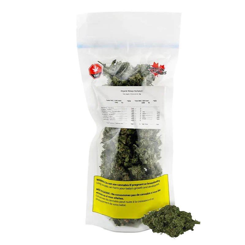 Front-facing shot of a clear reclosable bag filled with buds and a small pile beside it labeled "Organic Mango Hashplant."