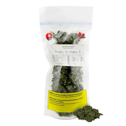 Front-facing shot of a clear reclosable bag filled with buds and a small pile beside it labeled "Organic Mango Hashplant."