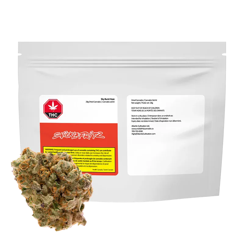 Front-facing pouch with a red-and-white label and a cannabis bud in front, showing the Sky Burst Haze branding.