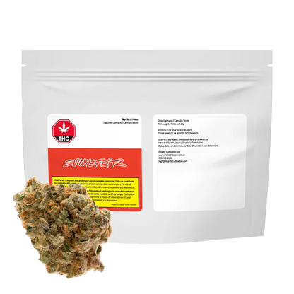 Front-facing pouch with a red-and-white label and a cannabis bud in front, showing the Sky Burst Haze branding.
