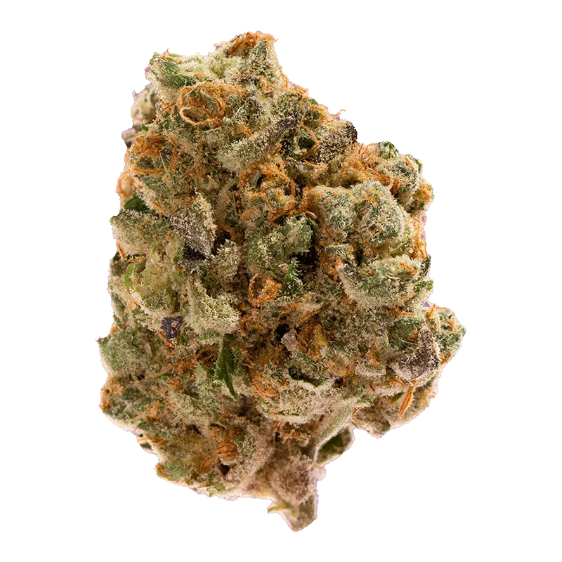 Close-up top-down view of a frosty, green-and-orange bud labeled Sky Burst Haze, showing dense trichomes and curled pistils.